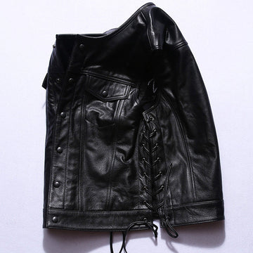 Motorcycle Skull Wings Leather Vest Side Laces